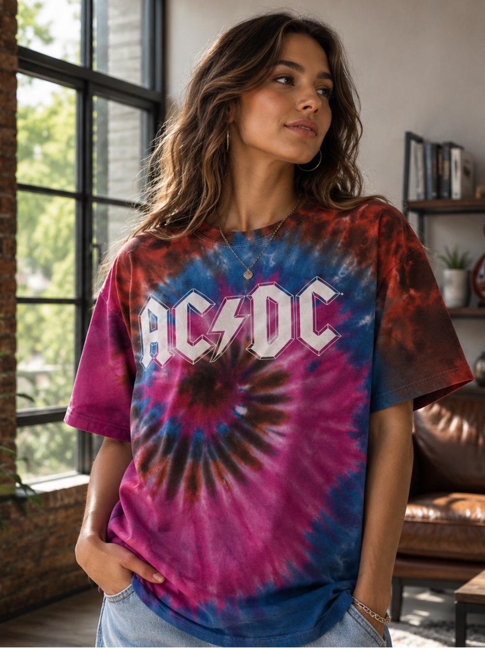 AC/DC Tie-Dye Band T-Shirt Graphic Tee Pink Blue Orange Rust Size M